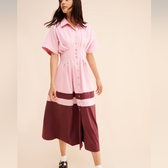 Button-Front Pink Colorblock Midi Dress - Picture 3 of 6